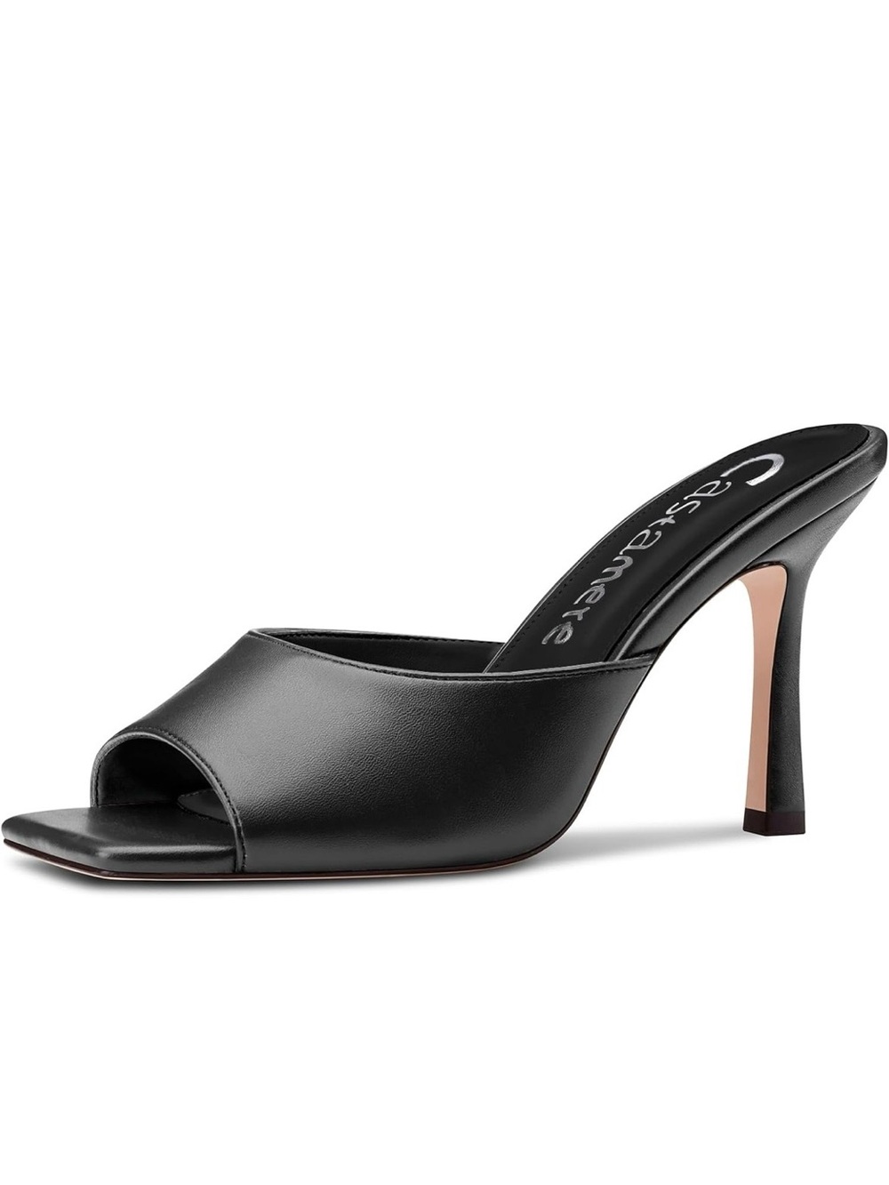 Castamere Black Leather Open-Toe Mule with Curved Stiletto Heel